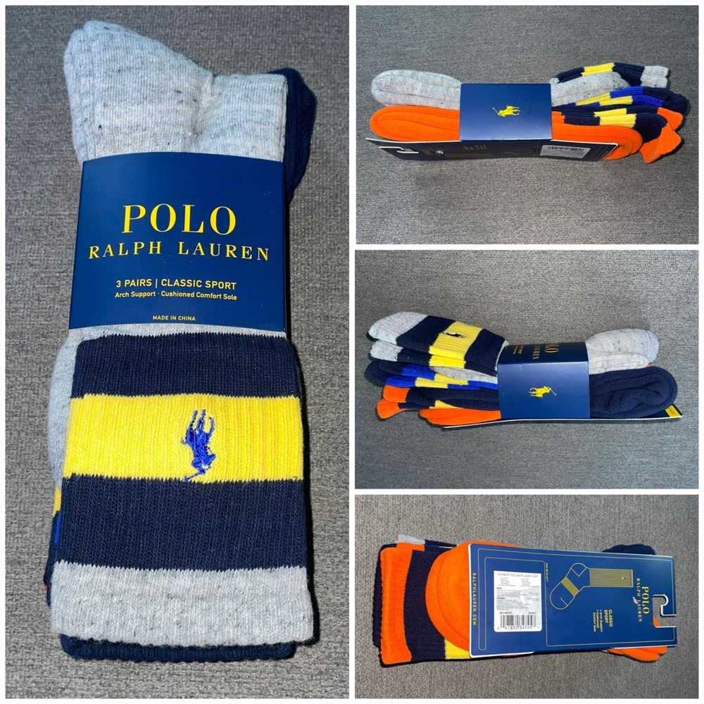 POLO Ralph Lauren Classic Sport Arch Support Color Block Socks - 3 Pack!